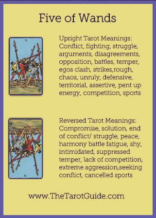 Tarot Flashcards – Five of Wands Tarot Upright and Reversed Keyword Meanings www.thetarotguide.com # FiveofWands #Tarotcards #Tarotcardmeanings #Tarot #Tarotspreads #Tarotreading #Tarotreaders #Learnhowtoreadtarot #clairvoyant #divination #psychictarot Five Of Wands Tarot, Read Tarot, Five Of Wands, Suit Of Wands, Tarot Wands, Wands Tarot, Tarot Cards For Beginners, Learning Tarot, Learning Tarot Cards