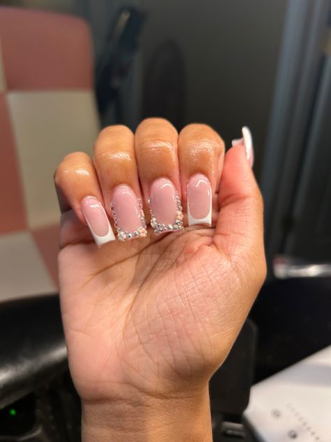 Graduation French Tip Nails, Prom Nails Medium Length, White French Tips With Rhinestones, French Tip Nails Black Women, White French Tip With Gems, Diamond French Tip Nails, Medium French Tip Acrylic Nails, Short Bling Acrylic Nails, French Tip With Rhinestones