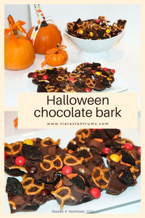 This super simple Halloween Chocolate Bark is a great Halloween treat for some spooky fun. All that is needed is some melted chocolate, cookies, mini candies and some pretzels for the simplest, most delicious Halloween Snack. #halloween #chocolatebark #AutumnBark #CandyBark #halloweenbark #fallbark Halloween Chocolate Bark, Snack Halloween, Halloween Bark, Leftover Halloween Candy, Halloween Snack, Candy Bark, Chocolate Pecan Pie, Make Halloween, Chocolate Chip Ice Cream