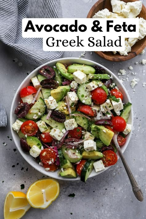 Greek Salad With Spinach, Greek Salad No Tomato, Tomato Avocado Feta Salad, Avocado Greek Salad, Avocado Cucumber Tomato Salad Feta, Greek Salad With Avocado, Mediterranean Avocado Salad, Feta Cucumber Avocado Salad, Avacodo Salad Keto