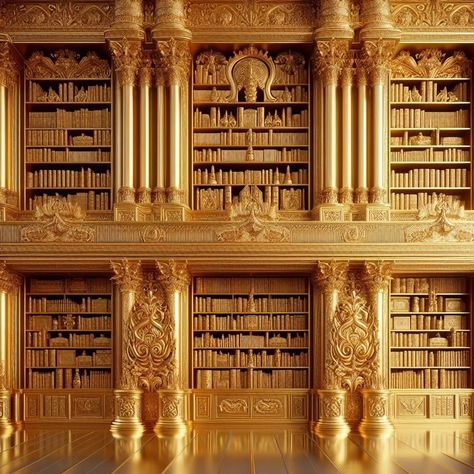 Golden library, golden books, golden chairs, gold #goldenbook #goldenlibrary #golden #goldenchair #goldenbooks Golden Room Aesthetic, Golden Library, Golden Chair, Golden Aesthetic, Cabin 7, Aesthetic Homescreen, Virgo Season, Golden Books, Alternate Universe