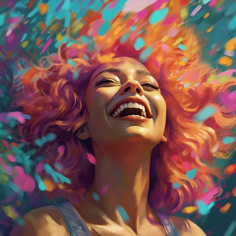 Happy Woman Painting, Portrait Colorful Painting, Joy Illustration Happiness, Happy Paintings Feelings Inspiration, Happy Emotions Art, Happy Girl Painting, Happy Paintings Feelings, Colourful Portraits Painting, Colour Emotions