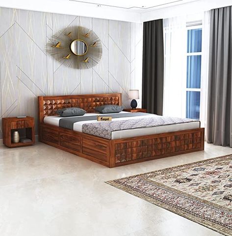 A rug with Indian prints, a king size bed in real wood such as sheesham with a head board and an eye catching piece on the back wall look great in a maximalist bedroom Modern Wooden Bed Design, Storage Bed Design, Modern Wooden Bed, King Size Storage Bed, Wooden King Size Bed, Wooden Double Bed, Wooden Bedroom Furniture, Wooden Bed Design, Bed Shelves