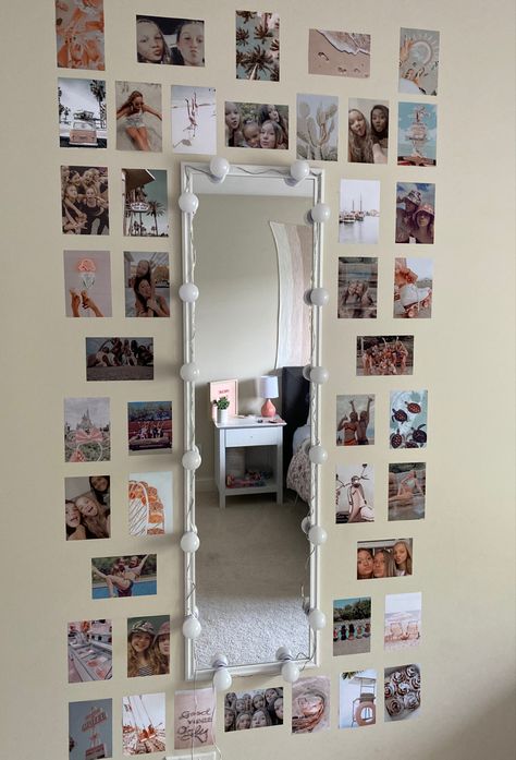 Mirror Picture Wall Decor, Photo Wall Inspiration Bedroom, Pictures Around Mirror Bedrooms, Bedroom Wall Decor With Mirror, Mirror On Wall With Pictures, Small Decorations For Bedroom, Pictures On Mirror Bedrooms, Mirror With Pictures Around It Bedroom, Cute Ideas For Pictures On Wall