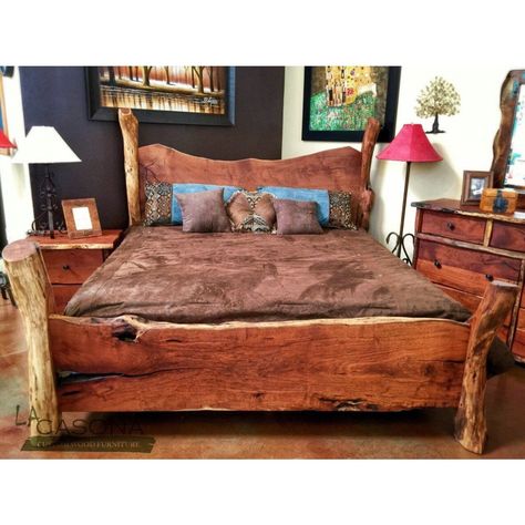 Live Edge Wood Slab Bed Rustic design that fits well with any country home as well as any rustic modern bedroom in the city. Built with mesquite logs and slabs, this one of kind beauty is ready for some unique sleep adventures. Ready to ship to the Contiguous United States in 8 to 10 weeks. Available in Eastern King, California King, Queen, Full, Twin XL and Twin size beds. INCLUDES: Headboard, Foot board, Rails and wood slats to support your mattress set. Live Edge Bedroom, Rustic Modern Bedroom, Live Edge Bed, Rustic Italian Home, Rustic Style Furniture, Wood Bed Design, Luxury Duvet Covers, Rustic Bedding, Live Edge Wood