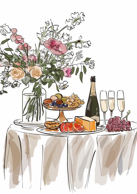 Hand-drawn Clipart: Food Buffet Table Set for Brunch with Champagne Dinner Table Watercolor, Hand Drawn Table Setting, Breakfast Table Illustration, Table Setting Illustration, Christmas Table Illustration, Brunch Artwork, Buffet Illustration, Tablescape Illustration, Dinner Table Drawing