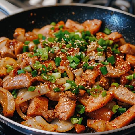 🌶️ Spice up your dinner routine with this flavorful Kimchi-Pork Stir Fry! Quick, delicious, and packed with Korean flavors. 🥢 Kimchi-Pork Stir Fry Ingredients: - 1 lb pork belly (sliced) - 1 cup kimchi (chopped) - 1 onion (sliced) - 3 cloves garlic (minced) - 1 tsp ginger (minced) - 2 tbsp soy sauce - 1 tbsp gochujang - 1 tbsp sesame oil - 2 green onions (chopped) - Cooked rice, for serving Instructions: 1. Heat sesame oil in a pan, add pork belly and cook until browned. 2. Add garlic, gin... Fried Rice With Pork, Kimchi Pork, Garlic Sprouts, Fried Pork Belly, Pork Belly Slices, Cozy Fall Recipes, Stir Fry Ingredients, Pork Belly Recipes, Pork Stir Fry