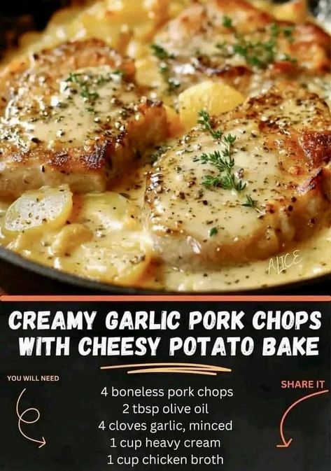 Easy Recipes Groupp | Creamy Garlic Pork Chops with Cheesy Potato Bake | Facebook Creamy Garlic Pork Chops, Garlic Butter Pork Chops, Butter Pork Chops, Cheesy Potato Bake, Garlic Pork Chops, Creamy Scalloped Potatoes, Pork Chops And Potatoes, Pork Chop Recipes Baked, Pork Chop Dinner