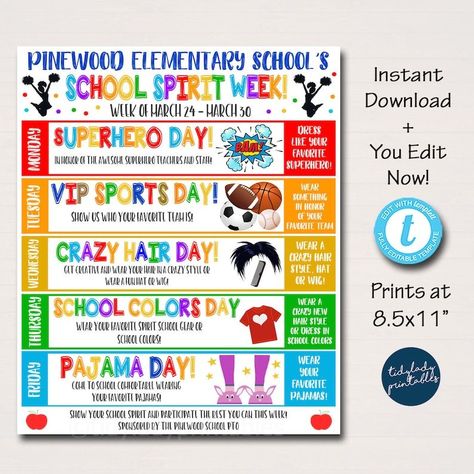 Pin on Social committee Back To School Spirit Week Ideas, Spirit Week Ideas Elementary, Kindness Spirit Week, Bookfair Themes, Week Calendar Template, Spirit Week Ideas, Spirit Weeks, Spirit Week Themes, Nurses Week Quotes