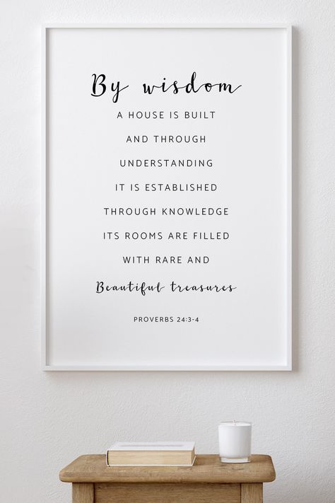 By Wisdom A House Is Built, Proverbs 24:3-4 Poster Bible Verse Accent Wall, Bible Verse Wall Decor Living Room, Proverbs 24:3-4, Framed Bible Verses Wall Art, House Bible Verses, Christian Decor Ideas Wall Art, Bible Verse Frame, Wall Art Bible Verses, Homeschool Room Design