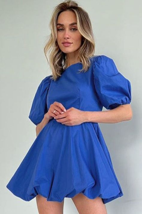 Sweet Round Neck Puff Sleeve Fit and Flare Backless Mini Dress - Blue - L / Blue Bridesmaid Outfits, Church Clothes, Knit Dress Pattern, Vintage Boho Dress, Summer Mini Dress, Alpha Xi, Barbie Stuff, Winter Formal, Custom Size Dresses