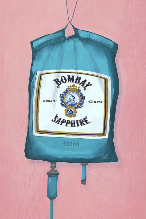 The perfect artwork for your kitchen or bar cart area! Elevate your decor with personalised sparkling humour. A modern pop art painting of a IV medical drip bag filled with the lovely herbal joy that is Bombay. A charming recipe of warm and inviting colors, gorgeous sapphire blue of the classic gin bottle on a beautiful current pink canvas. Create a custom space that feels as bright and effervescent as your favourite cocktail #homedecor #aesthetic #boholiving #Colorfulinteriors #surfacedesign Modern Pop Art Painting, Bar Artwork, Iv Drip, Gin Bottle, Blue Art Print, Bag Illustration, Easy Love Drawings, Gin Bottles, Modern Pop Art