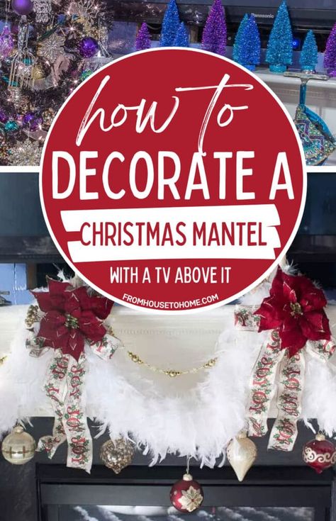 These ways to decorate a Christmas mantel with a TV above it are awesome! The fireplace mantel decorating ideas are so pretty, you don't even notice the TV! Christmas Mantel Decorations With Tv Above, Fireplace Ideas Christmas Mantles, Tv Above Fireplace Christmas Decor, Christmas Mantel Decorating Ideas With Tv Above, Christmas Decor For Mantle With Tv, Tv Over Fireplace Christmas Decor, Christmas Tv Mantle Decor, Tv Fireplace Christmas Decor, Christmas Mantle Ideas With Tv