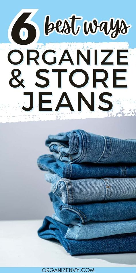 We love our jeans, but they can overtake our space! Learn the best ways to fold, hang and store your jeans in a dresser, closet or for travel & seasonal storage. Organize Jeans, How To Fold Jeans, Jean Organization, Dresser Closet, How To Fold Pants, Seasonal Storage, Pants Organization, Pant Storage, Folding Jeans