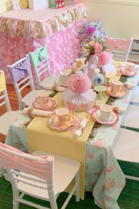 Take a look at this pretty floral tea party birthday! The table settings are beautiful! See more party ideas and share yours at CatchMyParty.com Tea For Two Birthday Party Ideas Table Settings, Te Party Birthday, Four Year Old Tea Party Birthday, Tea Party Decorations Kids, Tea Time Party Ideas, Baby Doll Tea Party Birthday, Pink And Blue Tea Party, Tea Party For Kids Ideas, Lets Partea Birthday