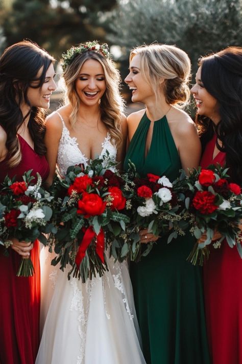 26 Magical Christmas Wedding Ideas - Yeah Weddings Christmas Themed Bridesmaid Dresses, Red And Green Bridesmaid Dresses, Christmas Bridesmaids Dresses, Christmas Wedding Bridesmaids Dresses, Christmas Bridesmaid Dresses, Winter Wedding Arch, Christmas Wedding Ideas, Christmas Wedding Dresses, Christmas Bridesmaids