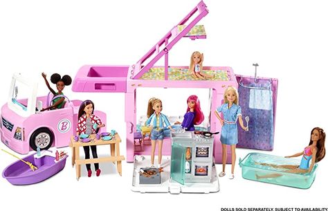 Amazon.com: ​Barbie 3-in-1 DreamCamper Vehicle, approx. 3-ft, Transforming Camper with Pool, Truck, Boat and 50 Accessories, Makes a Great Gift for 3 to 7 Year Olds : Toys & Games Camping Barbie, Barbie Camper, Barbie Logo, Barbie Doll House, Sleeping Under The Stars, Barbie Toys, Barbie Diy, Barbie Dream, Barbie Furniture