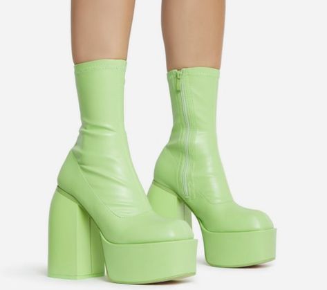 Green Shoes Aesthetic Heels, Neon Green Boots, Green Boots Aesthetic, Green Platforms, Green Platform Boots, Bratz Boots, Powder Puff Girls, Pink Alternative Fashion, Lime Green Shoes