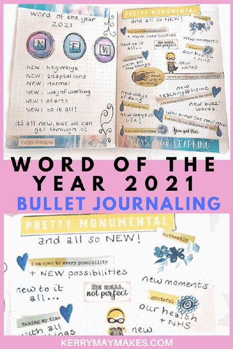 Bullet journal Word of the Year 2021 bujo page. My word of the year 2021 is NEW. Join me in a look through my bullet journal pages in the beginning of my new travelers notebook bujo insert. #wordoftheyear #bulletjournalsetup #bujosetup2021 Bujo Word Of The Year Layout, Word Of The Year Journal, Bujo Word Of The Year, Bullet Journal Yearly Spread Ideas, Year Spread Bullet Journal, Bullet Journal Yearly Spread, Journal Stencils, 2024 Bujo, Bullet Journal Pages