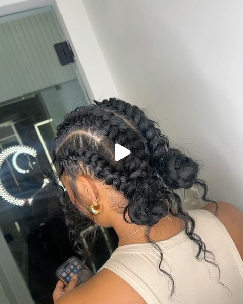 ATLANTA BRAIDER + LOCS on Instagram: "My 1st attempt at these pretty butterfly braids & I’m obsessed! Now added to the booking site under “Butterfly Stitch Braids” come & get some of these! 🤍📆  ✨BRAIDING HAIR + HUMAN HAIR CURLS USED ✨  December Books Open! Click the link in my bio  . . .  #atlbraids #atlstitchbraids #atlbutterflylocs #atlbutterflybraid #butterflybraid #atlstitchbraids #atlbraiders #bohobraids" Boho French Braid, Cornrow Butterfly Braid, Cute Stitch Braids With Curls, Bohemian Feed In Braids Cornrows, Butterfly Goddess Braid, Two French Braids With Weave Curly Ends, Two Braids With Bun, 4 Feed In Braids With Curls, Under Braids Hairstyles