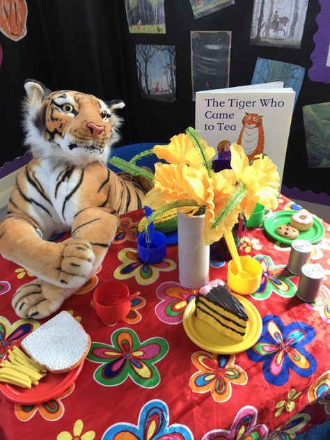 The Tiger Who Came To Tea 🐯 #EYFS #roleplay #thetigerwhocametotea #tigers Story Telling Week Eyfs, Book Provocations, Tiger Tea, Story Boxes, Story Baskets, Story Themes, Tiger Who Came To Tea, Tuff Tray Ideas, Tea Party Ideas