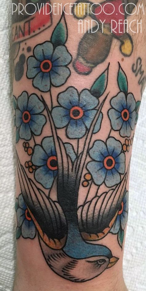 American Traditional Bluebird Tattoo, Bluebird Tattoo Traditional, Traditional Bird Tattoo, Providence Tattoo, Blue Flower Tattoos, Bluebird Tattoo, Sparrow Tattoo, Traditional Style Tattoo, Large Tattoos