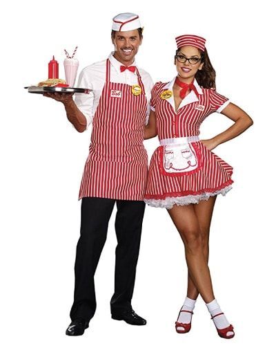 Halloween Couples Costumes - Retro 50’s Diner Waiter and Waitress Waiter Outfit, Waitress Outfit, Waitress Uniform, Best Group Halloween Costumes, Couples Costume, Retro Diner, Fancy Dress Up, Look Retro, Halloween Time