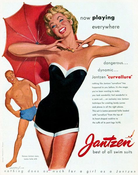 36 summery vintage '50s swimsuits for women, when strapless one-piece suits with ruffles were hot Jantzen Swimwear, 50s Swimsuit, Vintage Swim, Vintage Swimsuit, Retro Advertising, Retro Ads, Vintage Swimsuits, Old Ads, One Piece Suit