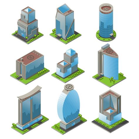 Isometric urban office buildings set Fre... | Free Vector #Freepik #freevector #tree #abstract #city #building Electronics Illustration, Urban Office, Sci Fi Building, Classroom Interior, Flower Shop Design, Sci Fi Architecture, Round Building, Tree Abstract, Urban Design Plan