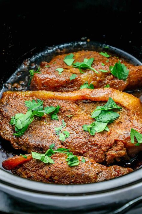 This keto easy slow cooker pork steaks recipe is a knockout way to make perfect pork steaks or large pork chops that are never dry, bursting with flavor, and their own rich gravy right from the slow cooker! This pork steak slow cooker recipe will become one of your favorite ways to cook crock pot pork chops! Shoulder Steak Recipes Slow Cooker, Crockpot Pork Steaks, Steak Recipes Slow Cooker, Pork Loin Steak Recipes, Slow Cooker Steak Recipes, Pork Shoulder Steak Recipes, Shoulder Steak Recipes, Pork Shoulder Steak, Pork Steak Recipe