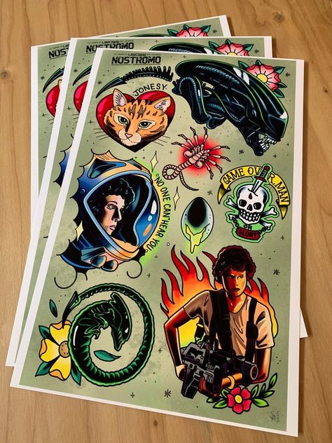 Alien Movie Tattoo, Movie Tattoo Flash, Alien Movie Art, Aliens Movie Art, Tattoo Alien, Tattoos To Draw, Nerdy Tattoos, Sheet Art, Movie Art Print