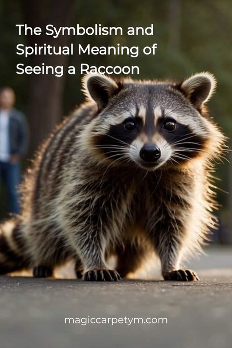 A curious raccoon stands in the center with a blurred person in the background, accompanying text discusses the symbolism and spiritual meaning of seeing a raccoon. Raccoon Spirit Animal Meaning, Raccoon Spiritual Meaning, Totem Animals, Red Meaning, Pet Raccoon, Spiritual Animal, Native American Traditions, Animal Symbolism, Natural Curiosities