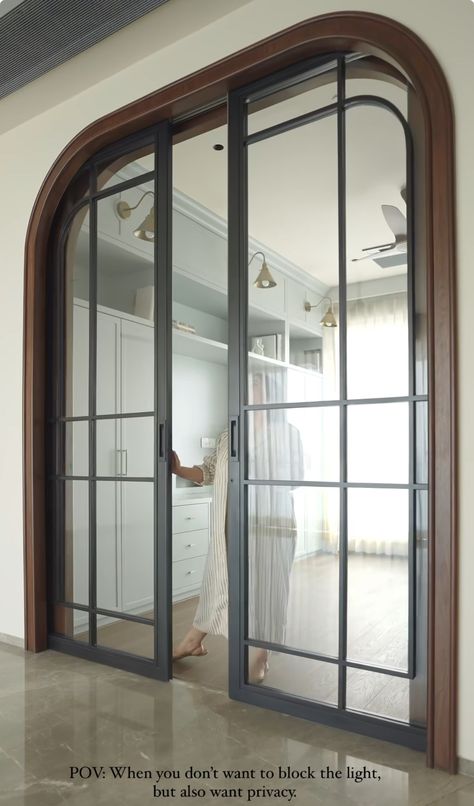 Curved Glass Sliding Doors, Arched Glass Pocket Doors, Arc Sliding Door, Arched Sliding Doors Interior, Acordian Doors Modern, Arch Sliding Door, Day Bed Guest Room, Arched Glass Doors, Arch Doors