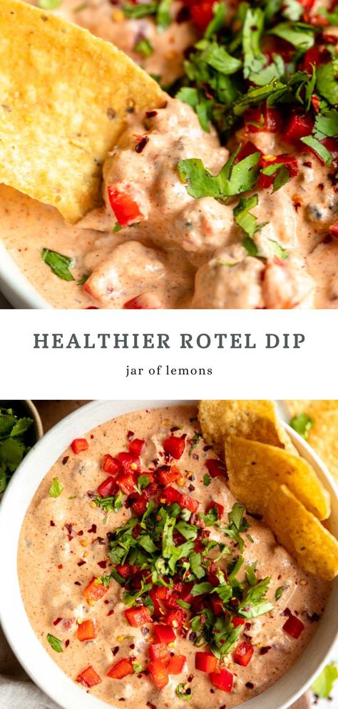 Two images of rote dip. Healthy Queso Dip, Healthy Queso, Queso Appetizers, Healthy Buffalo Chicken Dip, Balanced Dinner Ideas, Queso Dip Recipe, Rotel Recipes, Healthy Dip Recipes, Go To Meals