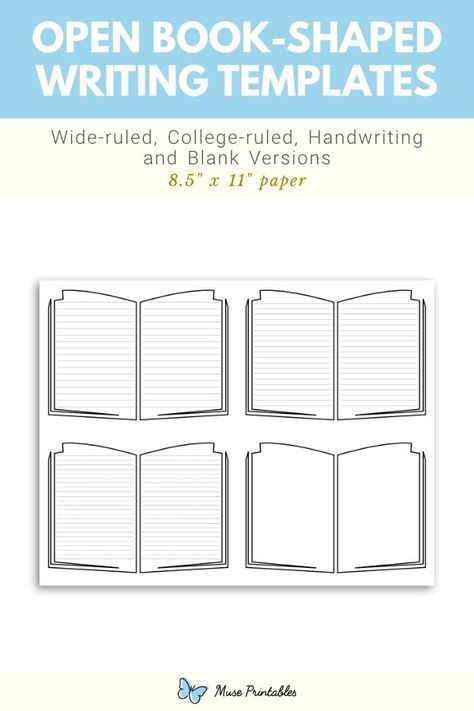 Free printable open book shaped writing templates. This PDF download includes wide ruled, narrow ruled, handwriting, and blank versions. Download the templates at https://museprintables.com/download/writing-template/open-book-shaped/ Book Writing Template, Book Shape, Writing Paper Template, Handwriting Lines, Writing Template, Lined Writing Paper, Easter Templates, Writing Templates, Printable Scrapbook Paper