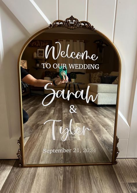 Welcome to our wedding custom vinyl. Customizable to any size. This mirror specifically is 30x20 Any font, any color, any size and any wording!! This doesn't specifically have to be for a wedding maybe you're looking for a welcome sign for a baby shower!? Mirror Welcome To Our Wedding, Wedding Signs For Ceremony Entrance, Welcome Sign Wedding Chalkboard, Black Wedding Mirror Sign, Dance Floor Signs For Wedding, Welcome Sign To Wedding, Welcome Sign Wedding Frame, Mirror For Wedding Decor, Welcome To Our Wedding Mirror Sign