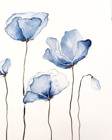 Cute Blue Posters, Blue Flowers Drawing, Blue Sketches, Blue Poppy Flower, Blue Flower Watercolor, Botanical Art Drawing, Blue Watercolor Art, Blue Watercolor Flowers, Blue Green Art