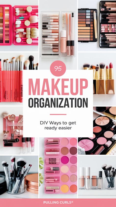 A pinterest pin with a collage of photos of bright, beautifully organized makeup in small spaces. There are various makeup products such as eyeshadows, lipsticks, and brushes neatly arranged in a small space. The background is white. In the middle, there is a bold and creative title "makeup organization". Below the title, there is a subtitle "DIY ways to get ready easier". At the bottom, it says "Pulling Curls®". Makeup Pallet Organization Ideas, Organize Eyeshadow Palettes, How To Organize Makeup In Bathroom, Make Up Organiser Ideas, Eyeshadow Palette Organization, Makeup Storage Diy, Makeup Organization Aesthetic, Diy Makeup Organization, Pallet Organization Ideas