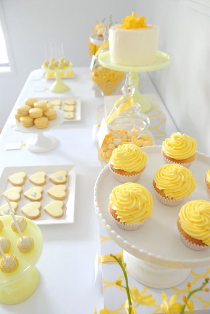 Yellow Reception, Yellow Candy Buffet, Lemon Curd Cupcakes, White Dessert Tables, Yellow Desserts, Lemon Birthday, Buffet Dessert, White Desserts, Yellow Candy