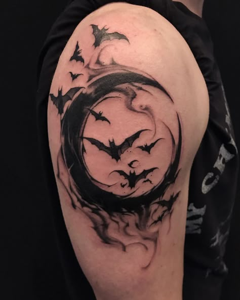 Left Back Tattoo, Gothic Tattoo Men, Bat Tattoo Ideas, Witchy Tattoo Ideas, Bats Tattoo, Bat Tattoos, Bats Tattoo Design, Gothic Tattoos, Goth Tattoo