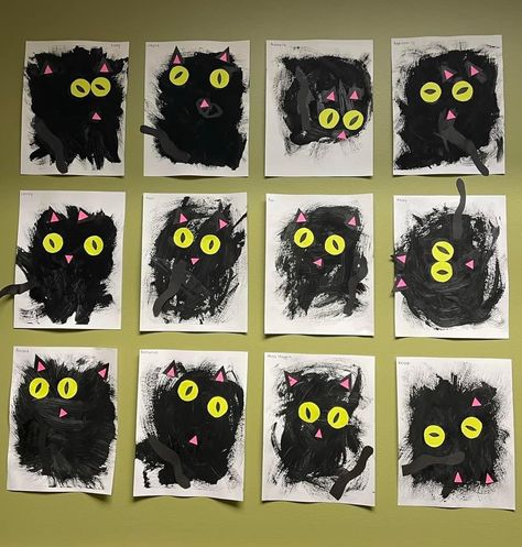 Kindergarden Painting Activities, October Art Projects For Kids Preschool, Halloween Artwork For Toddlers, Black Cat Crafts Toddlers, Halloween Craft Prek, Toddler October Crafts, Kindergarten Animal Art Projects, Sped Art Projects, Special Needs Art Projects