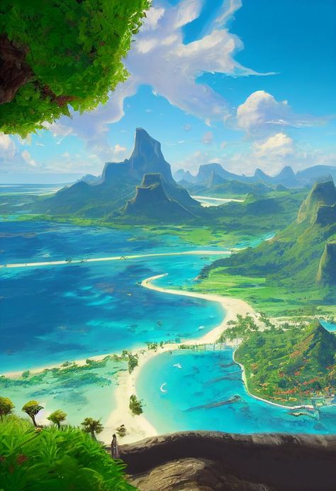 Bora Bora Beach, Fantasy World Map, Amalfi Coast Italy, Landscape Concept, Fantasy City, Fantasy Places, Fantasy Art Landscapes, Landscape Illustration, French Polynesia