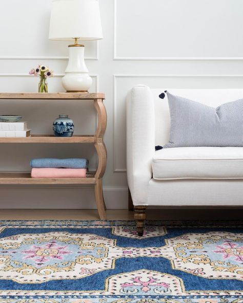 2,086 Likes, 35 Comments - Caitlin Wilson (@caitlinwilsondesign) on Instagram: “A perfect pair... our new Claire lamp and a sunny, Soleil rug in NAVY!! (Rug coming soon to…” Traditional Livingroom, Caitlin Wilson, Rug Navy, Brown Carpet, Green Street, Persian Style Rug, Persian Style, Persian Pattern, Traditional Living