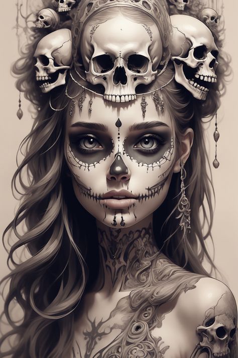 Skull With Long Hair, Chicana Tattoo Design, Skull Woman, Catrina Tattoo, Clown Paintings, Fun Art Projects, Abstract Art Images, Chicano Tattoo, Painting Halloween