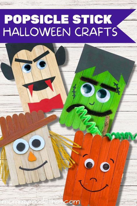 Popsicle Stick Halloween, Halloween Popsicle Stick Crafts, Popsicle Sticks Halloween Crafts, Cute Halloween Characters, Popsicle Stick Crafts For Kids, Halloween Pizza, Scarecrow Crafts, Hallowen Ideas, Fun Fall Crafts