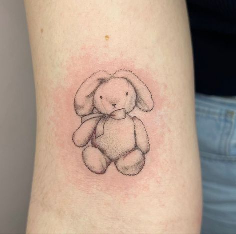 Bunny Bear Tattoo, Rabbit Stuffed Animal Tattoo, Toy Bunny Tattoo, Stuffed Toy Tattoo, Lamb Stuffed Animal Tattoo, Bunny Stuffed Animal Tattoo, Childhood Stuffed Animal Tattoo, Plushie Tattoo, Stuffed Bunny Tattoo