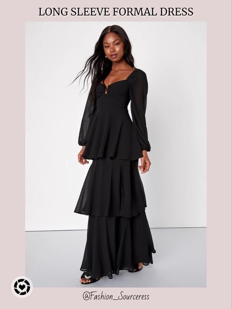 Wedding Guest Dress Long Sleeve, Chiffon Long Sleeve Maxi Dress, Long Sleeve Wedding Guest Dress, Black Wedding Guest Dresses, Black Tie Wedding Guest Dress, Pretty Black Dresses, Long Sleeve Bridesmaid Dress, Black Tie Wedding Guests, Gathered Bodice