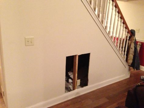 DIY dog house under the stairs tutorial | The Rodimel Family Blog Dog House Under Stairs, House Under Stairs, Dog Under Stairs, Stairs Dog House, Under Stairs Dog House, Diy Gate, Stairs Diy, Space Under Stairs, Room Under Stairs