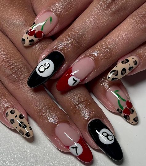 #nails #nailart #nailtech #leopardprint #nail2inspire #nailsart #8ball #naildesign #summernails Korean Nails Jelly, Gel Extensions Nails, Cute Nails Almond, Fall Nails Gel, Steelers Nails, Extensions Nails, Rockabilly Nails, Nail Halloween, Halloween Nail Art Ideas