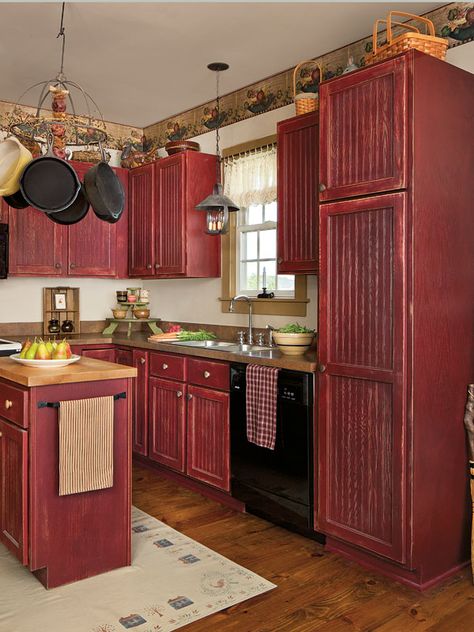 Learn how to paint stock cabinets for a custom country look! Red Kitchen Cabinets, Dapur Rustic, Trendy Farmhouse Kitchen, Red Cabinets, Farmhouse Cabinets, Painted Kitchen Cabinets Colors, Butcher Blocks, Kabinet Dapur, Farmhouse Kitchen Cabinets